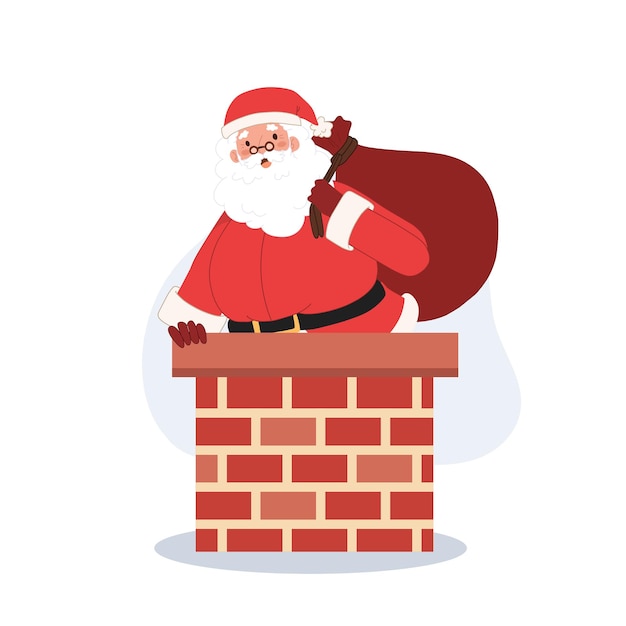 Papá Noel con saco de caja de regalo está tratando de entrar en la chimenea Ilustración vectorial