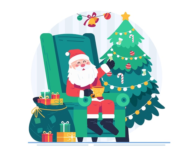 Vector papá noel sentado en su sillón bebiendo una bebida caliente con un saco lleno de regalos