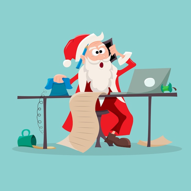 Papá Noel se sienta en su escritorio y toma llamadas y ordena ilustraciones navideñas
