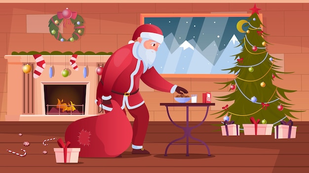 Papá Noel sonriente que toma la galleta en la habitación decorada plana