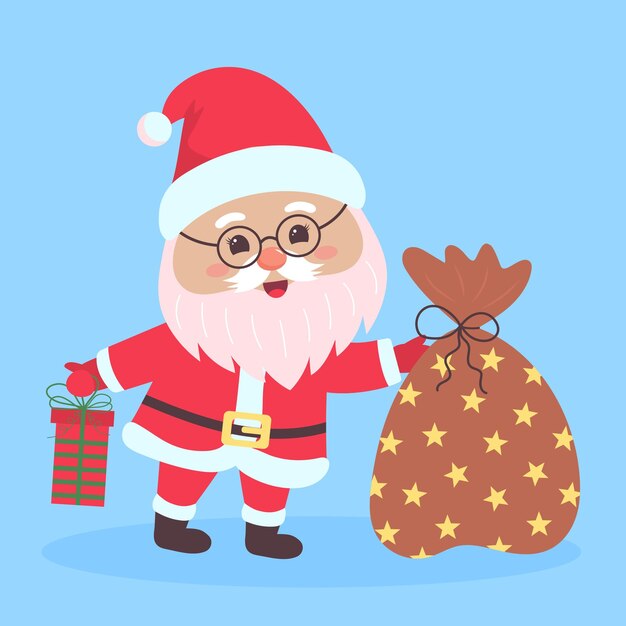 Papá Noel sosteniendo una bolsa de regalos y una caja de regalos El lindo personaje de Papá Noel aislado en azul