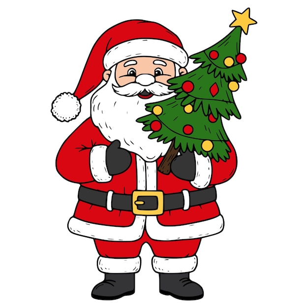 Papá Noel sosteniendo una ilustración vectorial del árbol de Navidad decorado