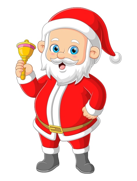 El Papá Noel sostiene una campana y está de pie mientras toca la campana.