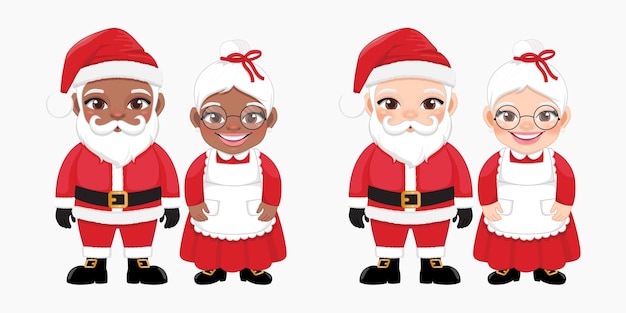 Papá Noel y la Sra. Claus de pie en el Festival de Navidad Diseño americano Papá Noel africano y su esposa Vector