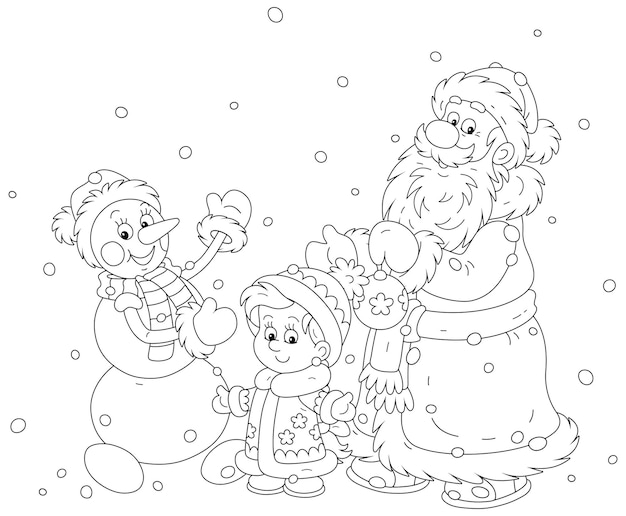 Papá noel con su nieta y un gracioso muñeco de nieve