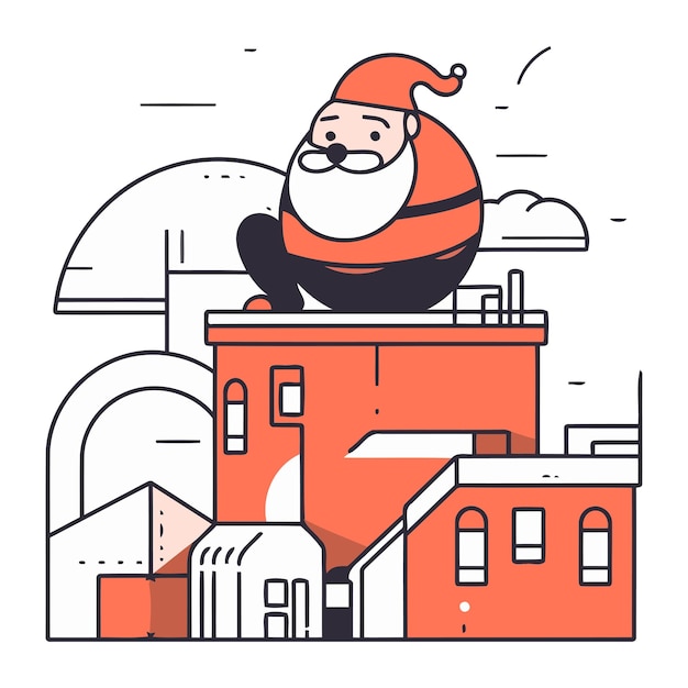 Papá Noel en el techo de un edificio Ilustración vectorial en estilo de línea delgada