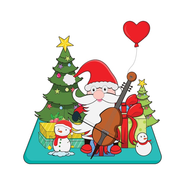 Papá noel tocando el vector de guitarra, árbol de navidad, hombre de hielo, regalos aislados con fondo.