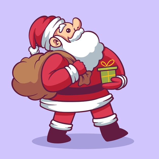 Papá Noel trae una caja de regalos verde con una ilustración dibujada a mano