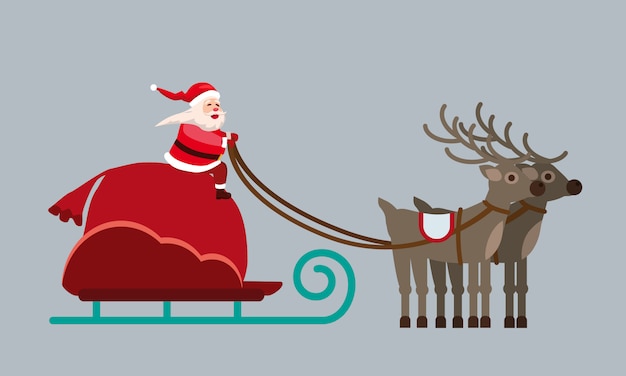 Papá Noel en un trineo con ciervos y una enorme bolsa de regalos