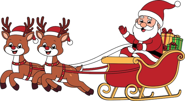 Papá Noel en un trineo lleno de regalos y renos dibujos animados de Navidad e Invierno Ilustración
