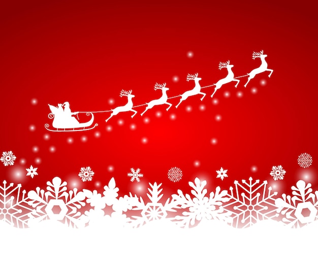Papá Noel en trineo, paseos en trineo de renos sobre un fondo rojo con copos de nieve y brillo