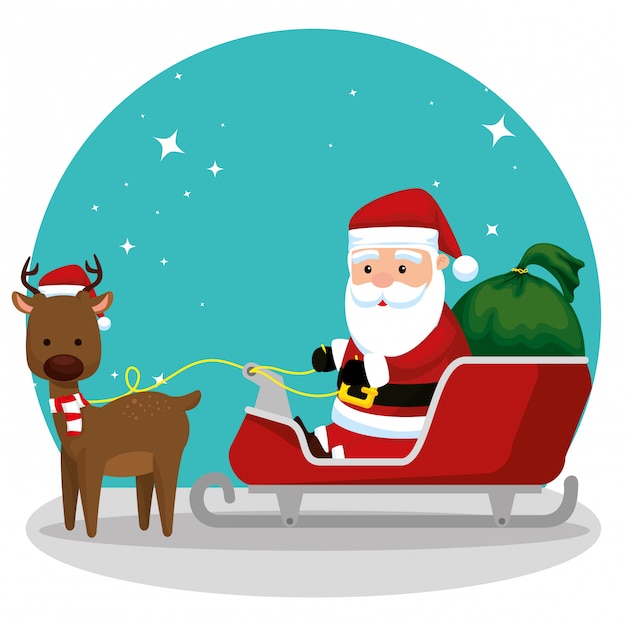 Papá Noel en el trineo con regalos y ciervos.