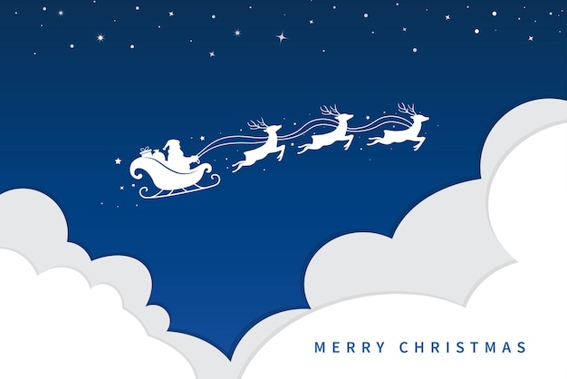 Papá Noel en trineo con renos voladores en el cielo y las nubes telón de fondo navideño