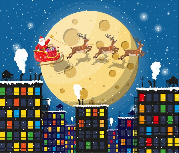 Papá noel en trineo y sus renos con luna en el cielo