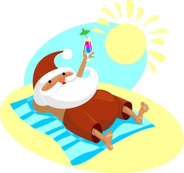 Papá Noel de vacaciones bebiendo un cóctel en la playa caliente