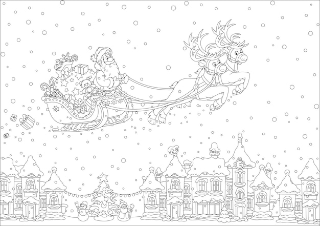 Papá Noel volando en su trineo con renos mágicos sobre un bonito pueblo la noche antes de Navidad