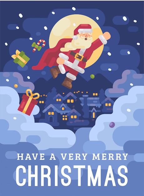 Papá Noel volando en una tarjeta de Navidad de capa de superhéroe