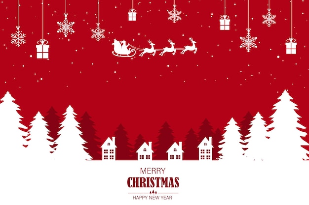 Papá Noel vuela con renos en fondo rojo de pino Feliz Navidad y feliz año nuevo cartel