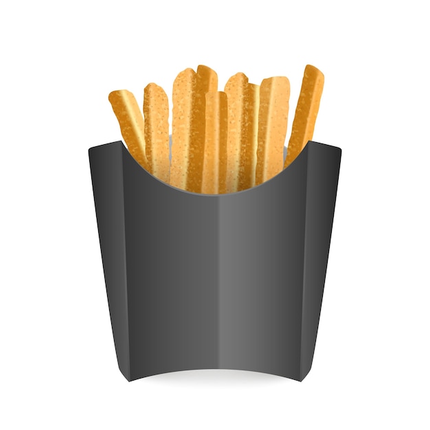 Papas fritas en una bolsa negra. Comida rápida. Aislado
