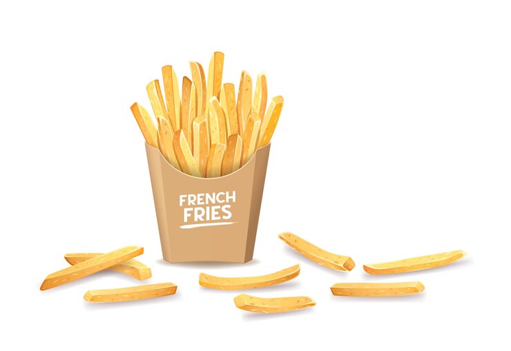 Vector papas fritas en caja marrón y diseño de plantilla fuera del cuadro aislado sobre fondo blanco.