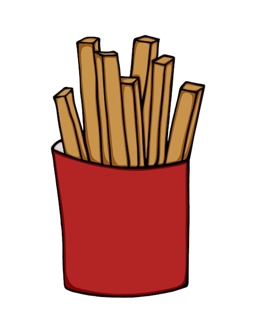 Papas fritas con caja de vegetales fritos comida rápida comida chatarra doodle dibujos animados lineales