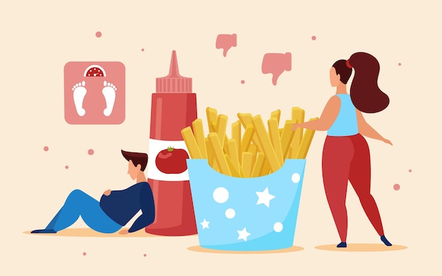 Papas fritas de comida rápida, concepto de comer en exceso con personas gordas