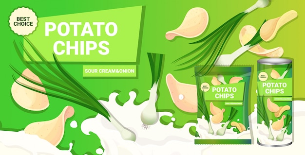 papas fritas con crema agria sabor a cebolla composición publicitaria de papas fritas y empaque