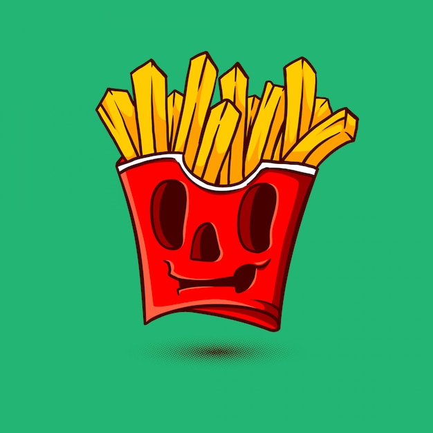 Vector papas fritas con envoltura de calavera roja en dibujado a mano