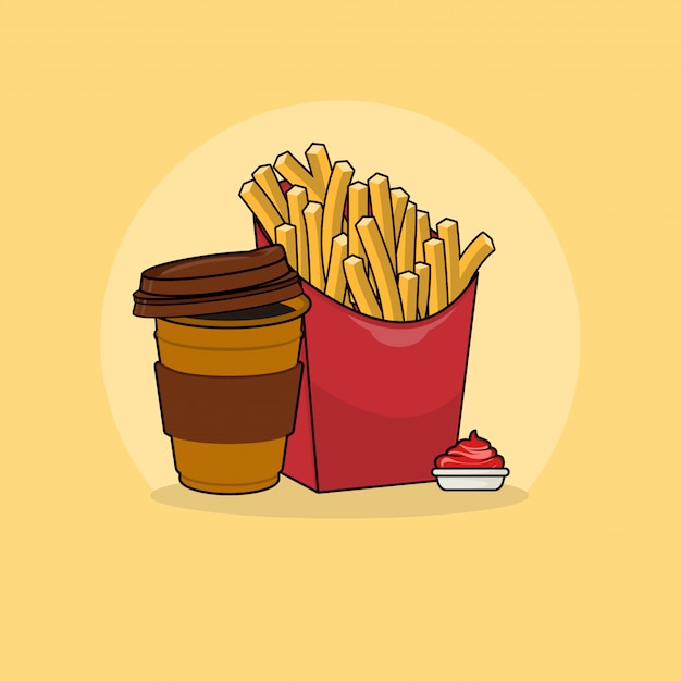 Vector papas fritas con ilustración de imágenes prediseñadas de café. concepto de imágenes prediseñadas de comida rápida aislado. vector de estilo de dibujos animados plana