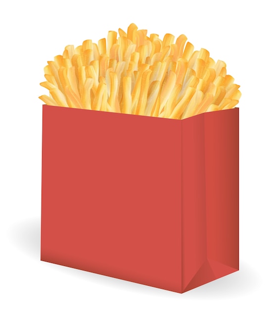 papas fritas reales en un vector de paquete cubo rojo