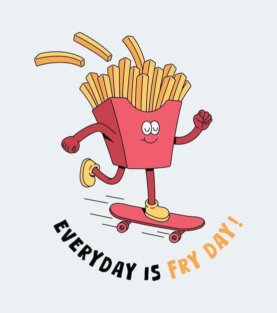 Las papas fritas skateboard retro ilustración linda
