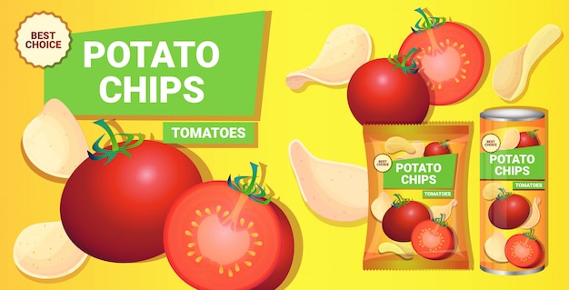 Papas fritas con tomate sabor composición publicitaria de papas fritas naturales y empaque