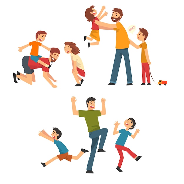 Papás jugando con niños Fathers Set Hijos e hijas divirtiéndose juntos Mejor Papá Familia Feliz Concepto Ilustración vectorial de dibujos animados en fondo blanco