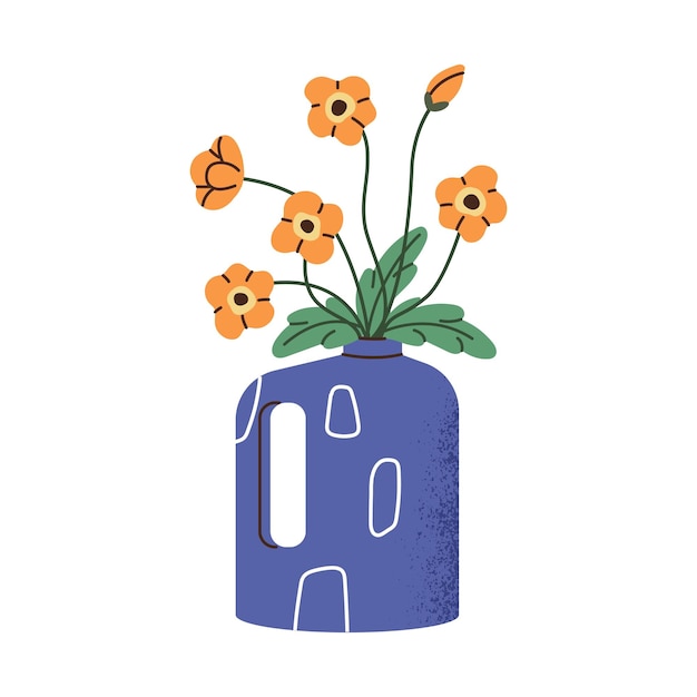Papaya cortada en una olla moderna con mango Ramo de amapola de naranja en un jarrón de cerámica Flores silvestres flores de prado plantas de floración silvestre en decoración interior Ilustración vectorial aislada plana en blanco