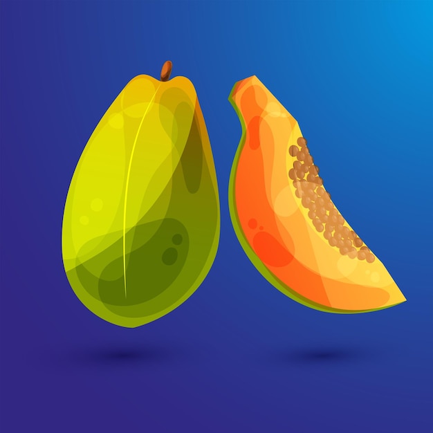 Papaya entera y rebanada Fruta exótica de verano en estilo de dibujos animados UX UI