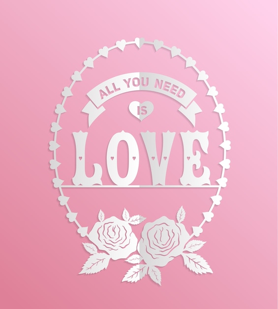 Vector papel de amor cortado en rosa para la boda