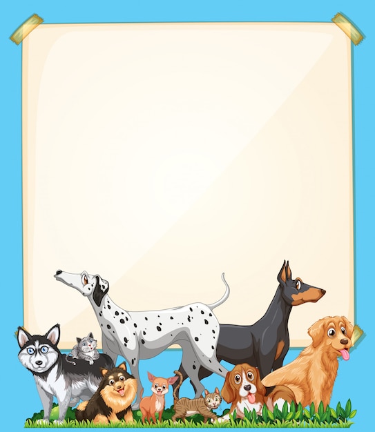 Vector papel en blanco con lindo grupo de perros en fondo azul