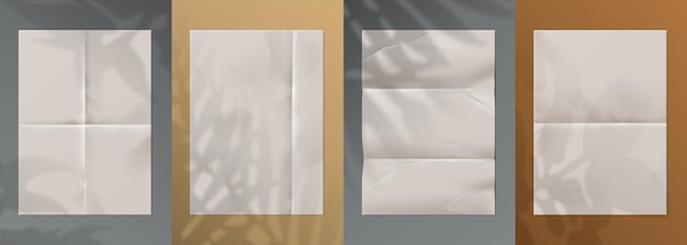 Vector papel en blanco con pliegues hojas vacías realistas sobre fondo gris y marrón con efecto de sombra floral espacio de copia de maqueta de página enderezada para texto conjunto de plantillas de carta o nota vectorial