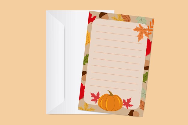 Papel de carta de otoño con sobre blanco en blanco con calabaza y hojas coloridas sobre fondo beige