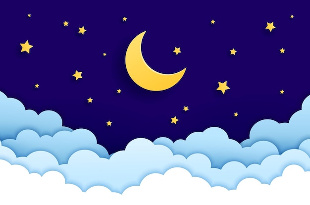 Vector papel cortado luna creciente cielo nocturno estrellas nubes