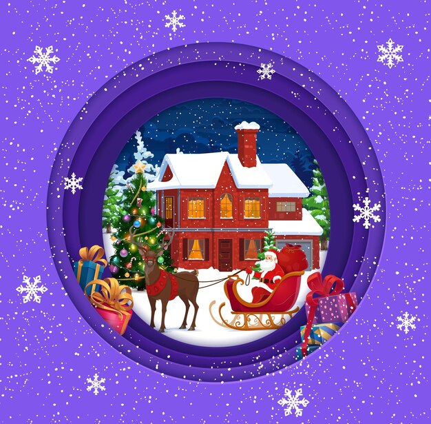 Papel cortado de Navidad casa de dibujos animados de invierno Santa en trineo y decoraciones navideñas Vector 3d arte cortado en papel en capas marco redondo con divertido Padre Noel sentado en trineo de ciervos frente a la cabaña en la víspera de Navidad