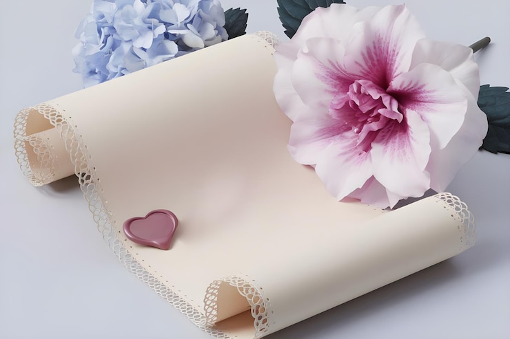 Vector un papel de diseño de flores con un corazón en el lado y un corazón en la mesa