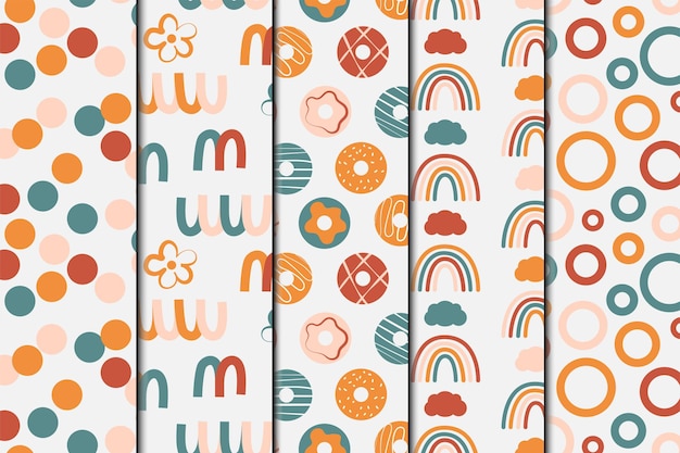 El papel de envoltura de colores lindos tiene un conjunto de patrones repetidos sin costuras