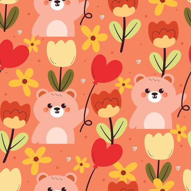 papel de envoltura de regalo de impresión de tela con patrón sin costuras de oso de dibujos animados con papel de pared floral