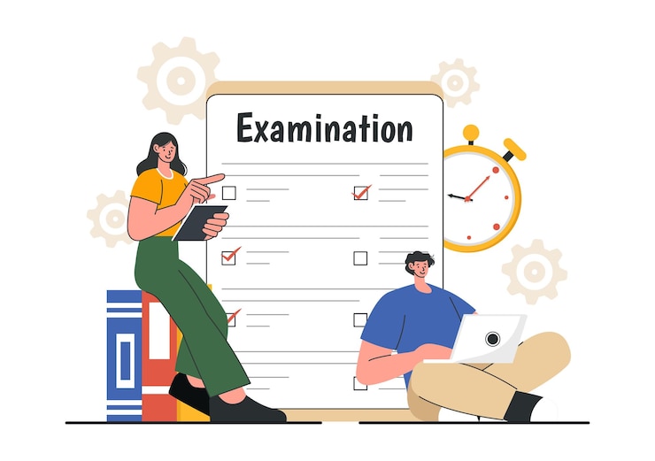 Vector papel de examen ilustración vectorial con formulario de examen en línea papeles de respuestas encuesta o cuestionario de internet en fondo de dibujos animados de estilo plano