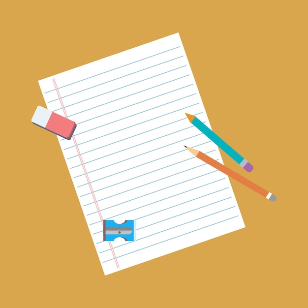 Papel forrado en blanco con lápices naranja y azul rosa borrador y afilador azul para escribir y la escuela