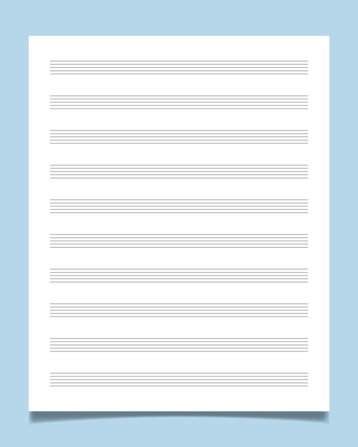 Papel de manuscrito de partitura en blanco con 10 palos estándar en una página