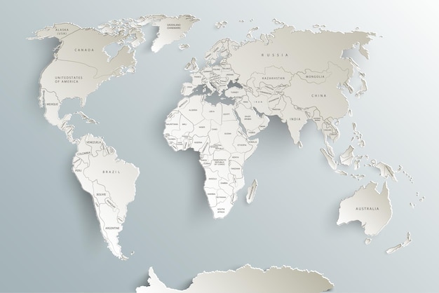 Vector papel de mapa mundial mapa político del mundo sobre un fondo gris