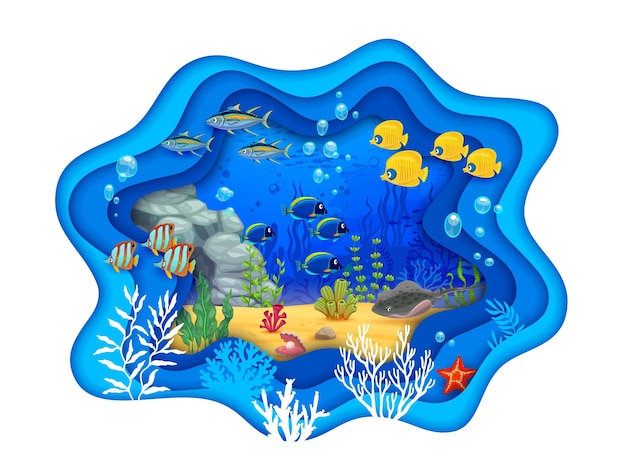 Papel de mar tropical de dibujos animados cortado paisaje submarino escarabajo de peces algas marinas estrellas y rayas nadan entre el vibrante arrecife de coral escena submarina de papel vectorial 3d colorido con atún y peces ángeles