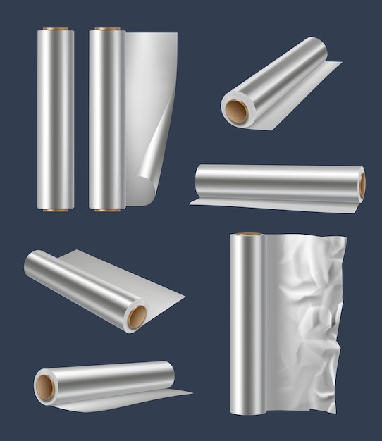 Papel metálico Plantillas de papel de aluminio realistas artículos de cocina para ayudar a cocinar ilustraciones vectoriales decentes conjunto de maqueta gris claro de textura de alimentos de aluminio